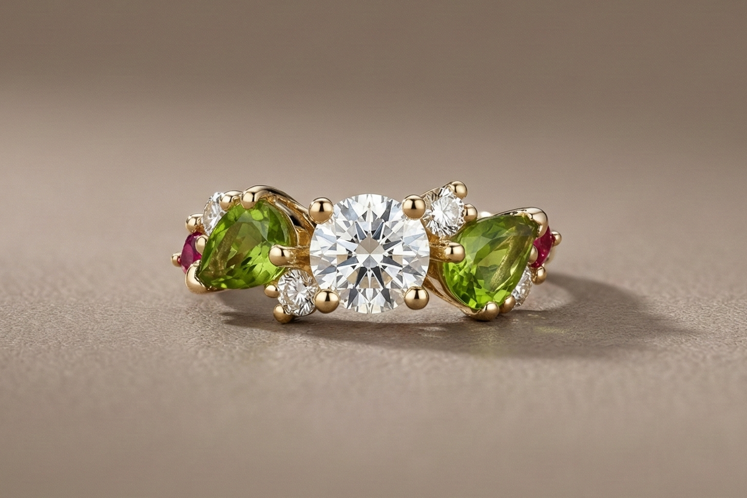 Bague de mariage sur mesure à Paris en or jaune sertie d’un diamant central taille brillant accompagné de tourmalines vertes taille poire et saphirs roses création artisanale DM Jeantet